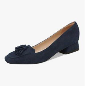 YDN Dark Blue Block Low Heel Loafers Square Toe Tassel Fringed Slip On Pump